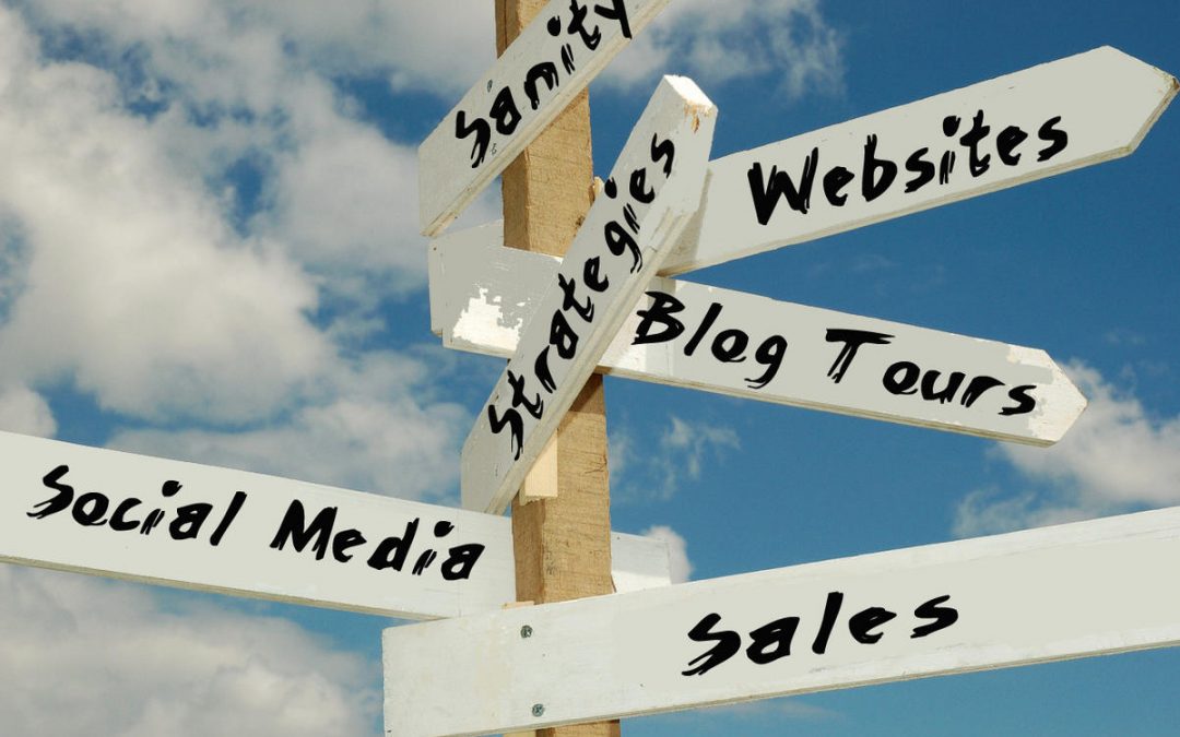 Advertising sign on wooden post showing different marketing points