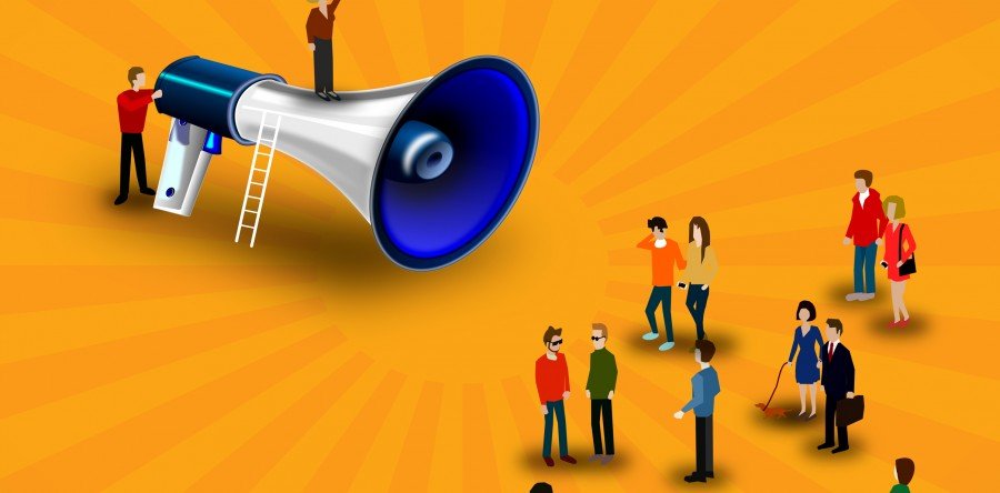 cartoon figures promoting their book with large speakerphone